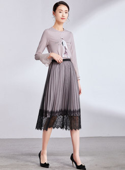 Lace Splicing Elastic Waist Pleated Skirt