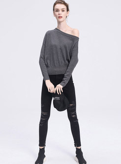 Solid Color Slash Neck Knitted Sweater