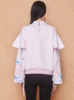 Pink Print Stand Collar Falbala Sweatshirt