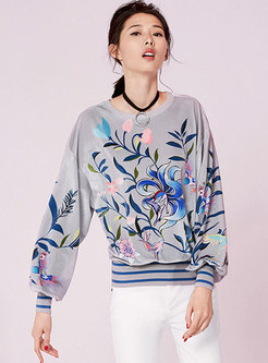 Casual Print Velvet Lantern Sleeve Sweatshirt