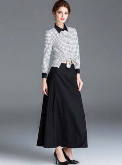 Plaid Lapel Slim Blouse & High Waist A Line Skirt