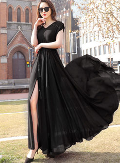 V-neck Sleeveless Solid Color Chiffon Dress