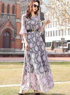 O-neck Flare Sleeve Lace Print Maxi Dress