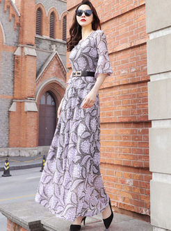 O-neck Flare Sleeve Lace Print Maxi Dress