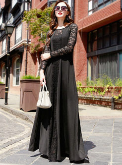 Fashion O-neck Lace Long Sleeve Big Hem Dress