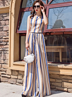 Vintage Sleeveless Striped Two Piece Outfits
