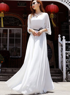 White Irregular Neck Tie-Waist Maxi Dress