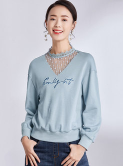 Mesh Splicing Letter Embroidered Casual Sweatshirt