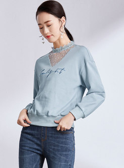 Mesh Splicing Letter Embroidered Casual Sweatshirt