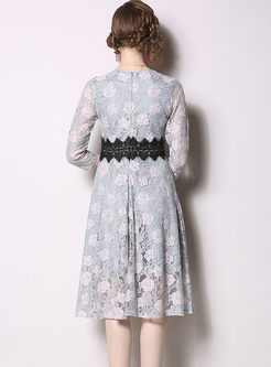 Sweet O-neck Embroidered Lace Waist Dress