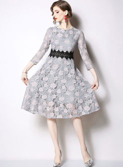 Sweet O-neck Embroidered Lace Waist Dress
