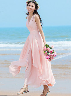Sweet Solid Color Asymmetric Sleeveless Maxi Dress