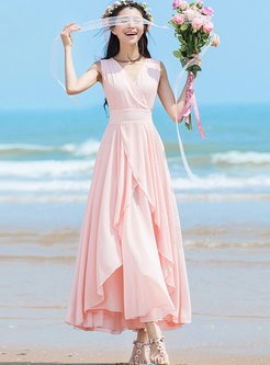 Sweet Solid Color Asymmetric Sleeveless Maxi Dress