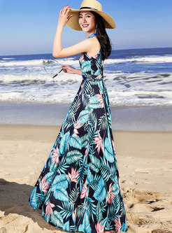 Print Sleeveless Off Shoulder Color-block Maxi Dress