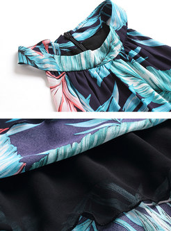 Print Sleeveless Off Shoulder Color-block Maxi Dress