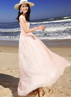 Trendy Embroidered Solid Color Sleeveless Maxi Dress 