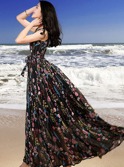 Fashion Floral Print Zippered Tied Maxi Dress 