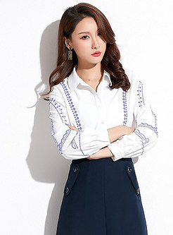 Chic Embroidered Lantern Sleeve Lapel Blouse