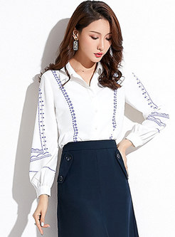 Chic Embroidered Lantern Sleeve Lapel Blouse