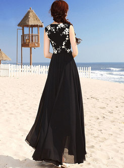Black Embroidered Splicing High Waist Maxi Dress 