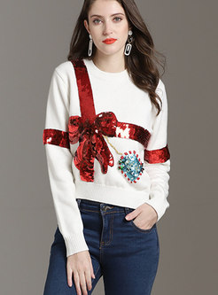 Casual O-neck Sequins Loose Knitted Sweater