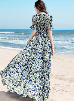 Fashion Floral Print Flounced Ruffle Sleeve Dress