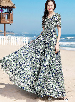 Fashion Floral Print Flounced Ruffle Sleeve Dress
