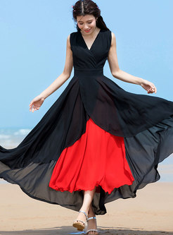 Stylish Asymmetric Color-blocked V-neck Chiffon Dress