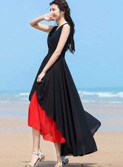 Stylish Asymmetric Color-blocked V-neck Chiffon Dress