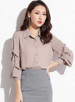 Pure Color Lapel Puff Sleeve Single-breasted Blouse