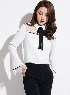 Lace Splicing Lapel Bowknot Single-breasted Blouse