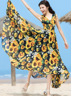 Bohemia V-neck Sleeveless Sun-flower Beach Maxi Dress