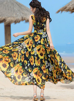 Bohemia V-neck Sleeveless Sun-flower Beach Maxi Dress