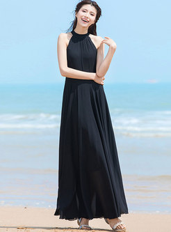 Trendy Solid Color Backless Vacation Maxi Dress