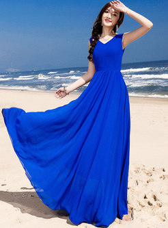 Fashion Blue Backless Tied High Waist Maxi Dress