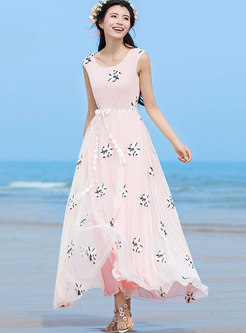 Stylish Sweet Mesh Embroidered Tied O-neck Dress