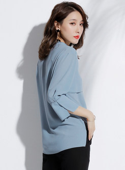 Solid Color Three Quarters Sleeve Tied Loose Chiffon Blouse