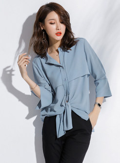 Solid Color Three Quarters Sleeve Tied Loose Chiffon Blouse