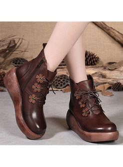 Chic Stereoscopic Floral Lace Up Wedge Heel Ankle Boots