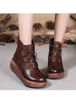 Chic Stereoscopic Floral Lace Up Wedge Heel Ankle Boots