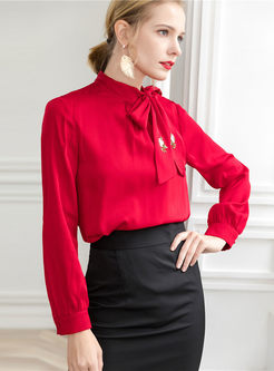Standing Collar Bowknot Tied Blouse