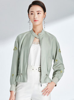 Stylish Stand Collar Embroidered Zipper Short Coat
