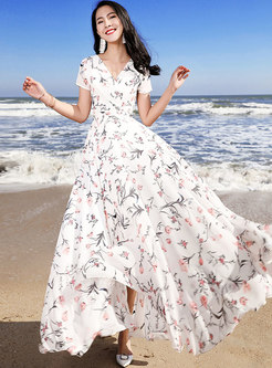 Stylish Chiffon Print Big Hem Vacation Dress