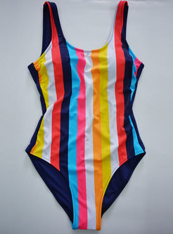 Sleeveless Striped One Piece Swimwear