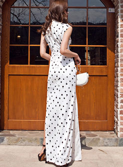 Stylish Stand Collar Polka Dot Maxi Dress
