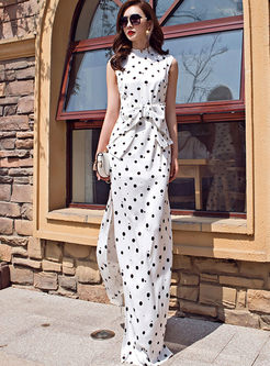 Stylish Stand Collar Polka Dot Maxi Dress