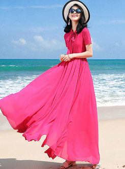 Rose Tied-collar Gathered Waist Beach Dress