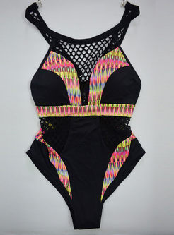 Color-blocked O-neck Hollow Out Swimwear