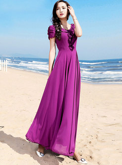 Solid Color Short Sleeve Falbala Chiffon Dress 