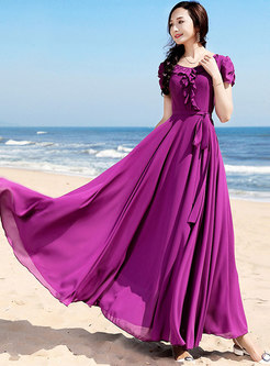 Solid Color Short Sleeve Falbala Chiffon Dress 